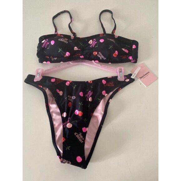 Juicy Couture Bandeau Cherries Cherry Bikini Set Women’s Sz L Ruched Bottom NEW - Picture 1 of 11